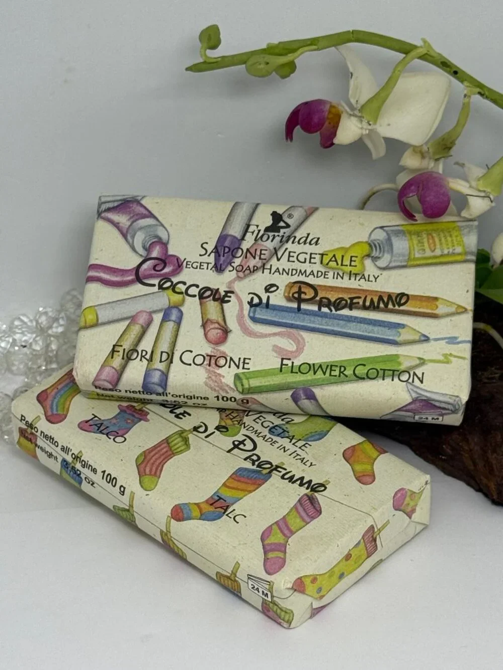 2x Florinda Vegetable Perfumed Bath Soap - Talc & Flower Cotton - 3.52 oz - New